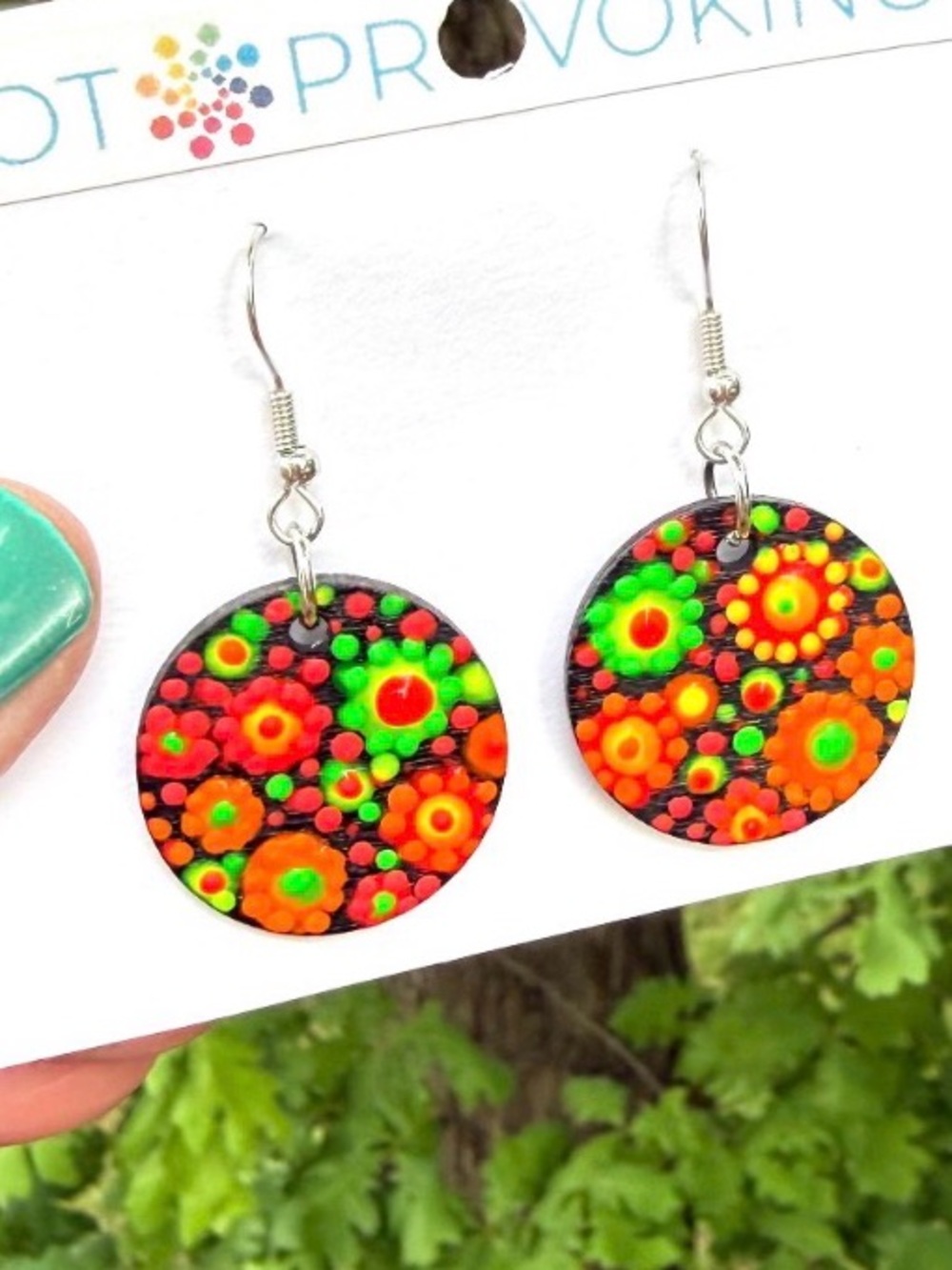 Hand Crafted! Dot painted floral fluorescent on black circular earrings 1”